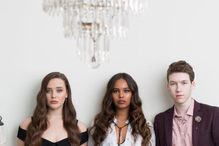 NEW YORK -- MAY 24, 2018: Actors Katherine Langford, left, Alisha Boe, center, and Devin Druid, right, who star in Netflix's 13 Reason's Why, pose for a portrait at the Nomad Hotel on May 24, 2018 in New York City. (Michael Nagle for The Times)