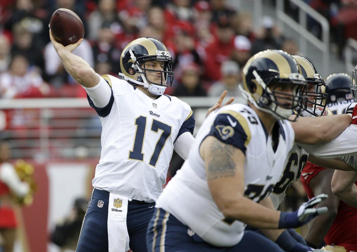 Rams quarterback Case Keenum (17) passes against the 49ers during a game on Jan. 3 at Levi's Stadium.