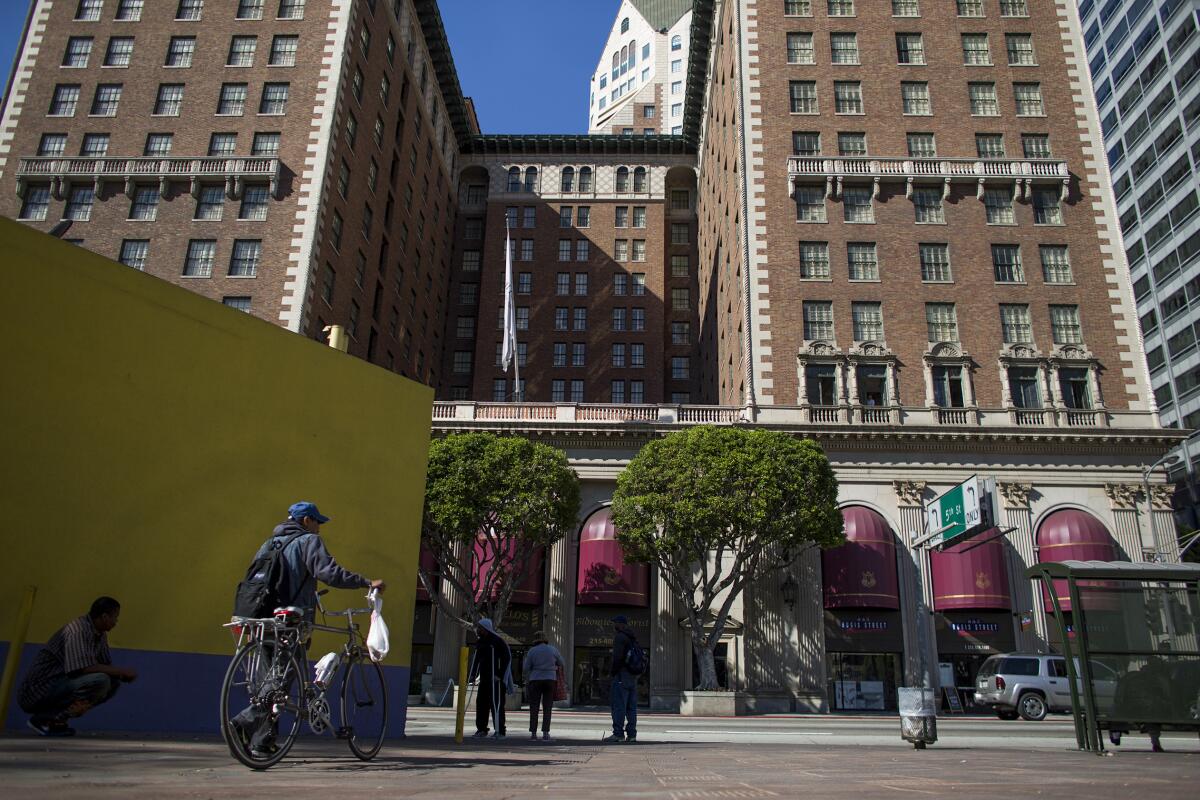 An exterior view from Pershing Square of the Millennium Biltmore hotel