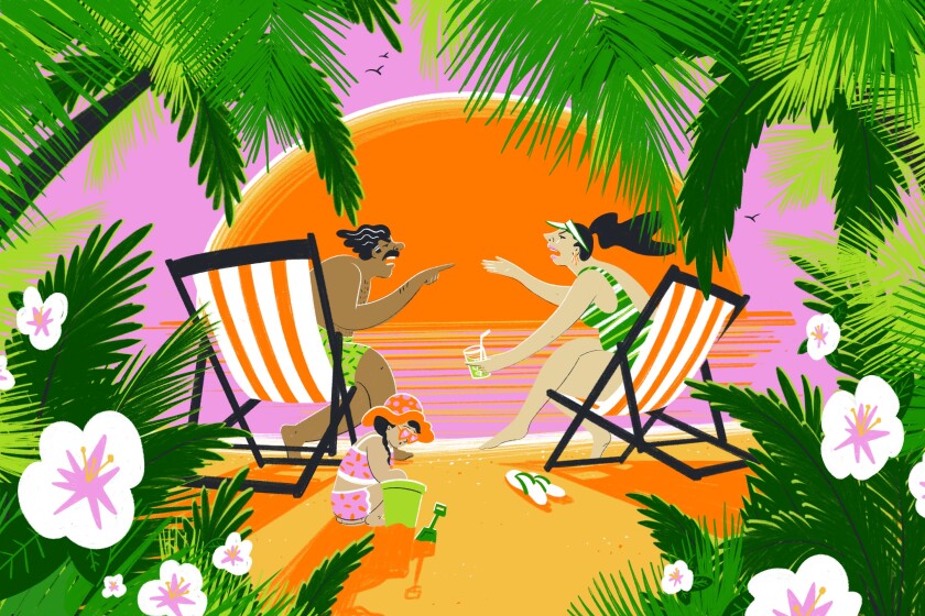 Illustration of a couple on a beach vacation arguing by the water. A little girl plays between them in the sand.