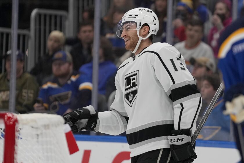 Los Angeles Kings' Gabriel Vilardi celebrates after scoring during the first period of an NHL hockey game against the St. Louis Blues Monday, Oct. 31, 2022, in St. Louis. (AP Photo/Jeff Roberson)