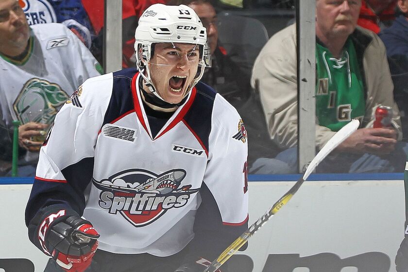 LONDON, ON - MARCH 26: Gabriel Vilardi #13 of the Windsor Spitfires celebrates a goal against the London Knights during Game Two of the OHL Western Conference Quarter Finals at Budweiser Gardens on March 26, 2017 in London, Ontario, Canada. The Knights defeated the Spitfires 5-2 to even the series 1-1. (Photo by Claus Andersen/Getty Images) ** OUTS - ELSENT, FPG, CM - OUTS * NM, PH, VA if sourced by CT, LA or MoD **