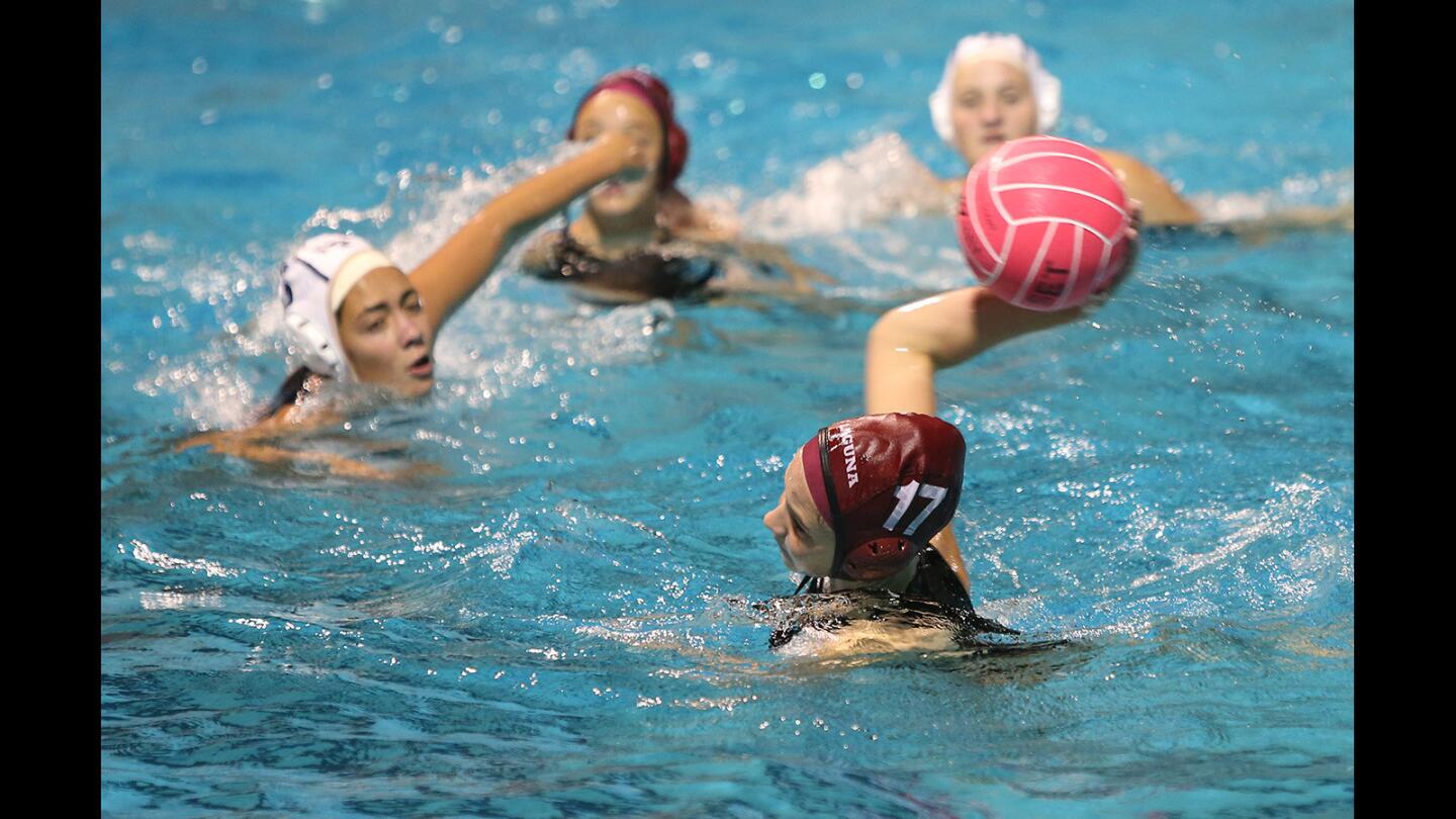 Laguna Beach's Rachael Carver shoots and scores from an interior pass, during non-league game against Goleta Dos Pueblos on Wednesday.