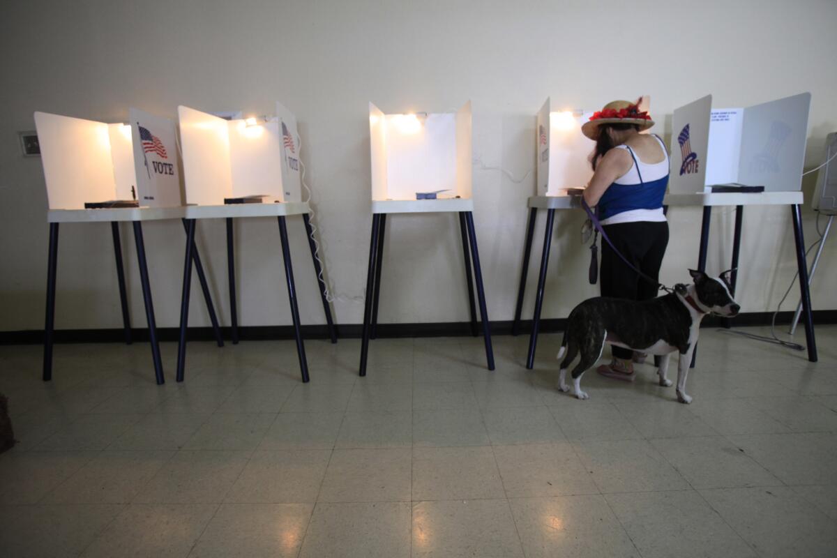 A woman votes with her dog at Saint Anne Catholic Church in Santa Monica.