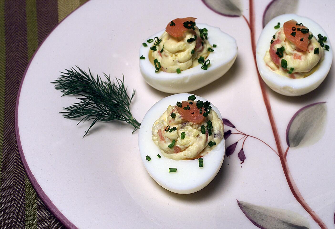 Deviled eggs with smoked salmon, fennel and capers