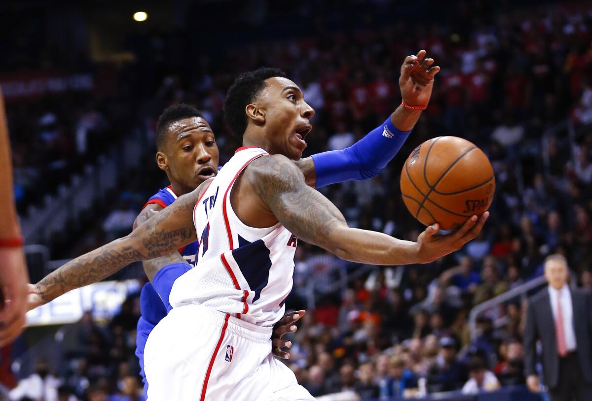 Atlanta guard Jeff Teague drives against Philadelphia forward Robert Covington on Jan. 31.