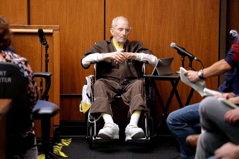 INGLEWOOD, CA - AUGUST 09: Robert Durst, 78, New York real estate scion, takes the stand and testifies in his murder trial at the Inglewood Courthouse on Monday, Aug. 9, 2021 in Inglewood, CA. Durst is charged with the 2000 murder of Susan Berman inside her Benedict Canyon home. He testified Monday that he did not kill his best friend Berman. (Gary Coronado / Los Angeles Times)