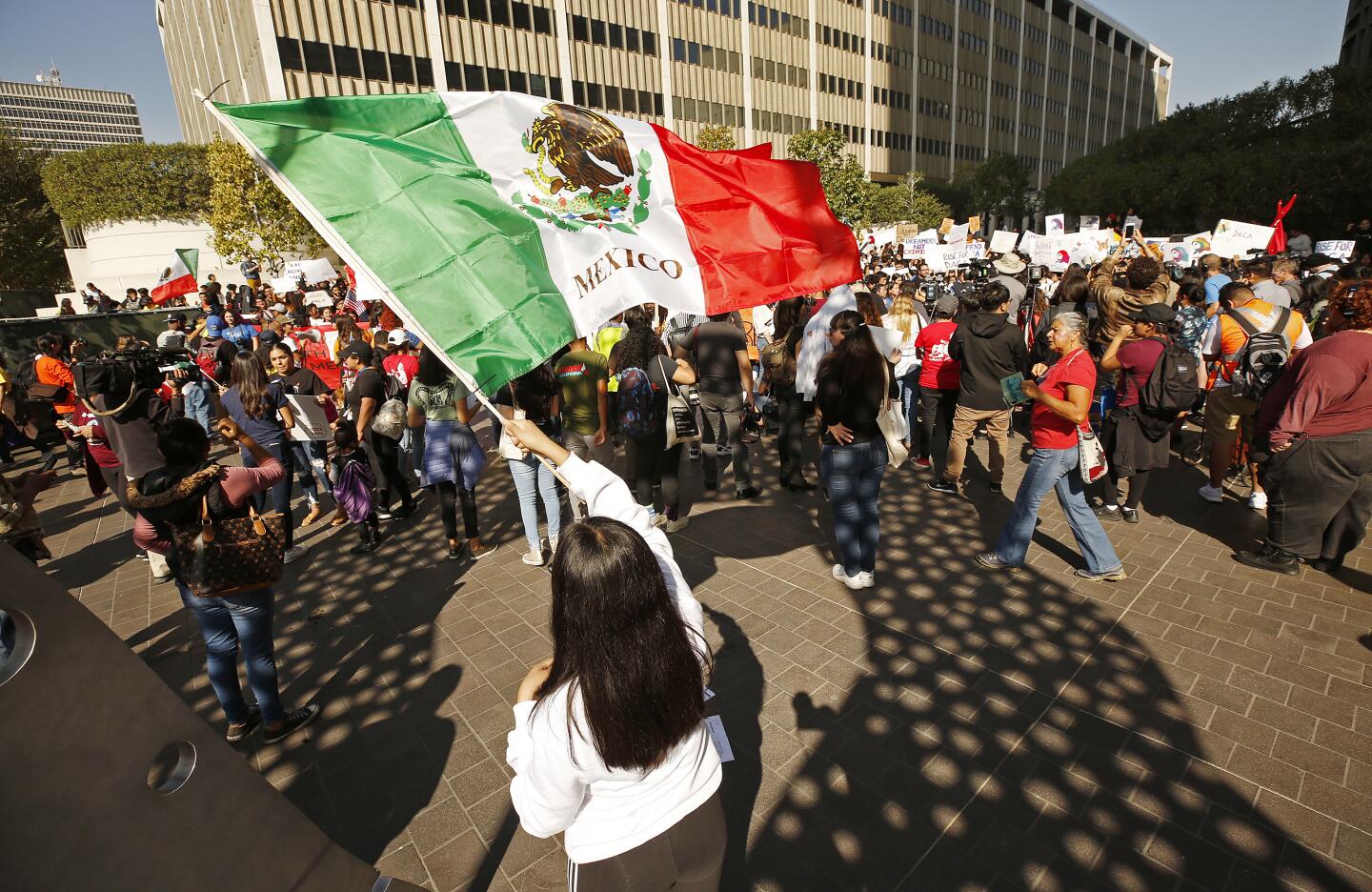 Michelle Gomez, 16, whose brother is a DACA recipient, waves the flag of Mexico at the downtown L.A. rally.