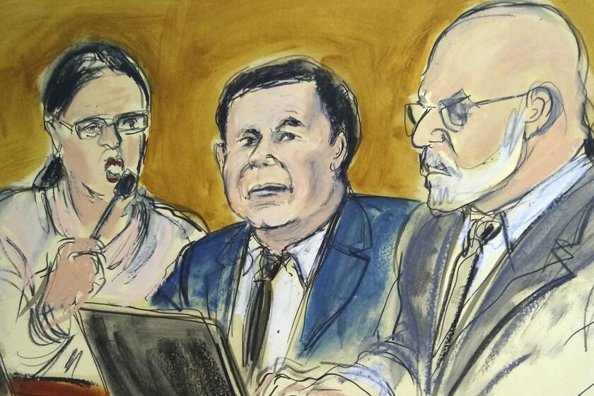 In this courtroom drawing, Joaquin "El Chapo" Guzman, center, sits at the defense table while listening to Judge Brian Cogan addressing the jury, Thursday, Feb. 7, 2019, during Guzman's drug trafficking trial in New York. Jurors ended their first week of deliberations on Thursday without reaching a verdict. From left are an interpreter, Guzman and defense attorney Eduardo Balarezo.(Elizabeth Williams via AP)