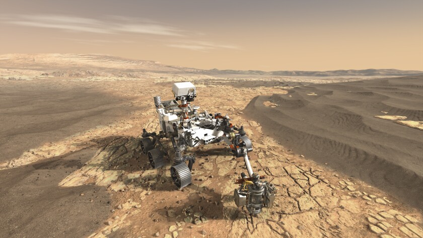 An illustration of NASA's Perseverance rover, which is currently on its way to Mars, on the surface of the planet.