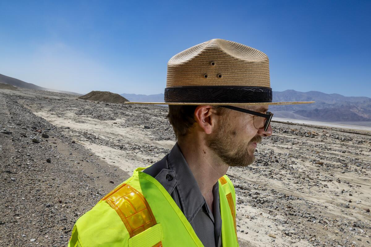 Park ranger Matthew Lamar leads a tour along Badwater Road in Death Valley National Park.