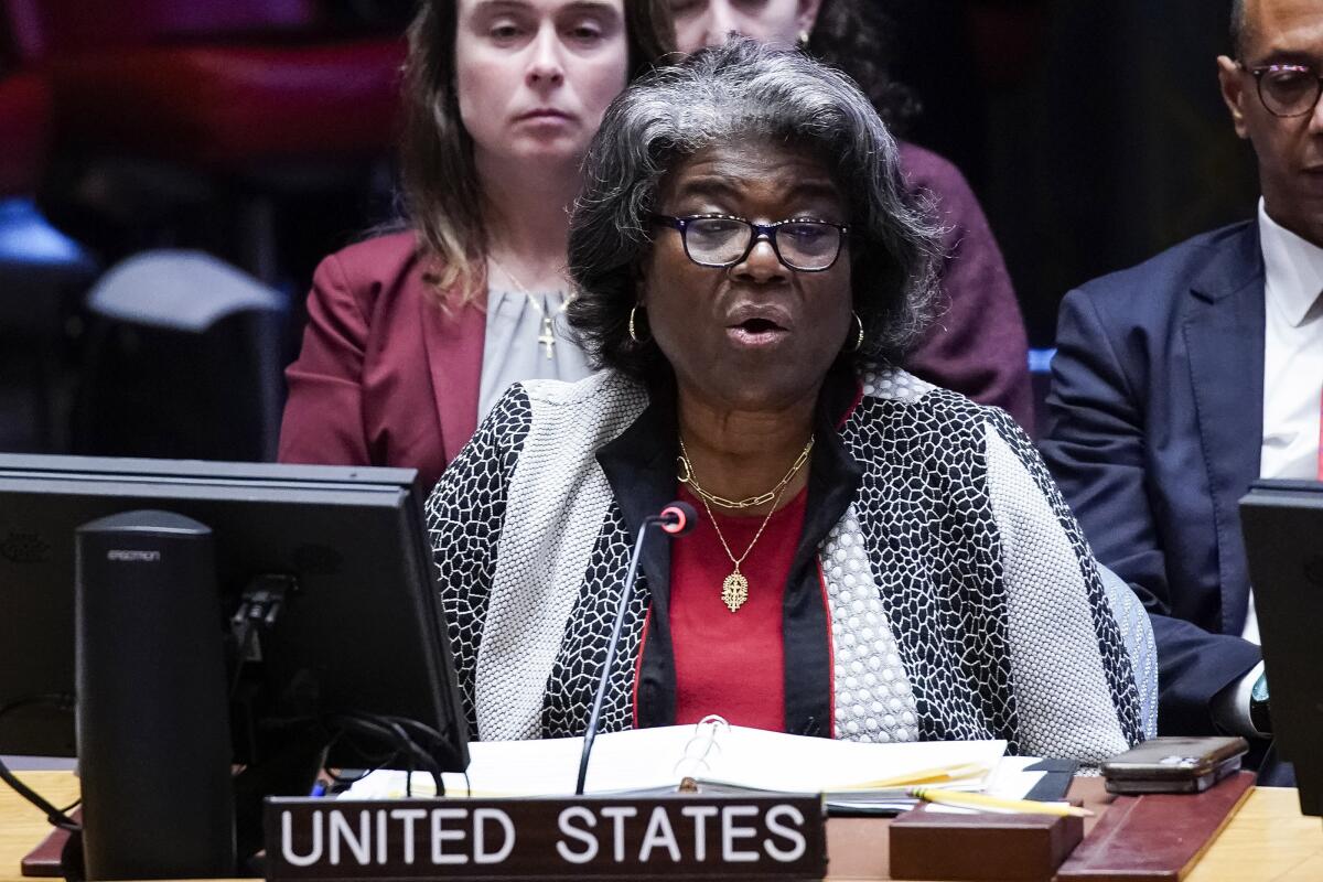 Linda Thomas-Greenfield, United States ambassador to the United Nations, addresses members of the U.N. Security Council.