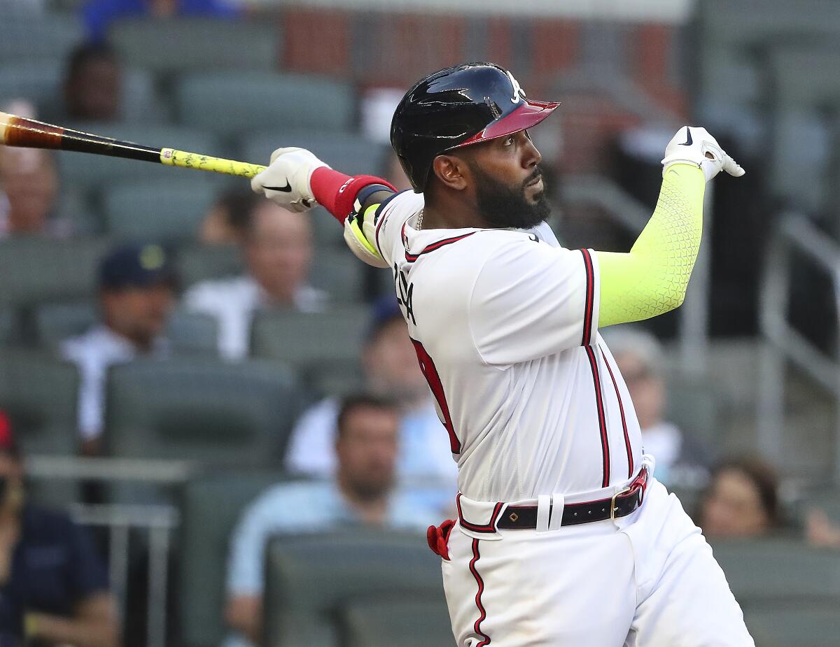 Atlanta Braves outfielder Marcell Ozuna bats during the MLB game