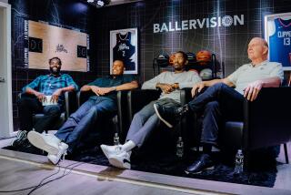 Former NBA players (from left) Baron Davis, Paul Pierce and Jamal Crawford with Clippers owner Steve Ballmer.