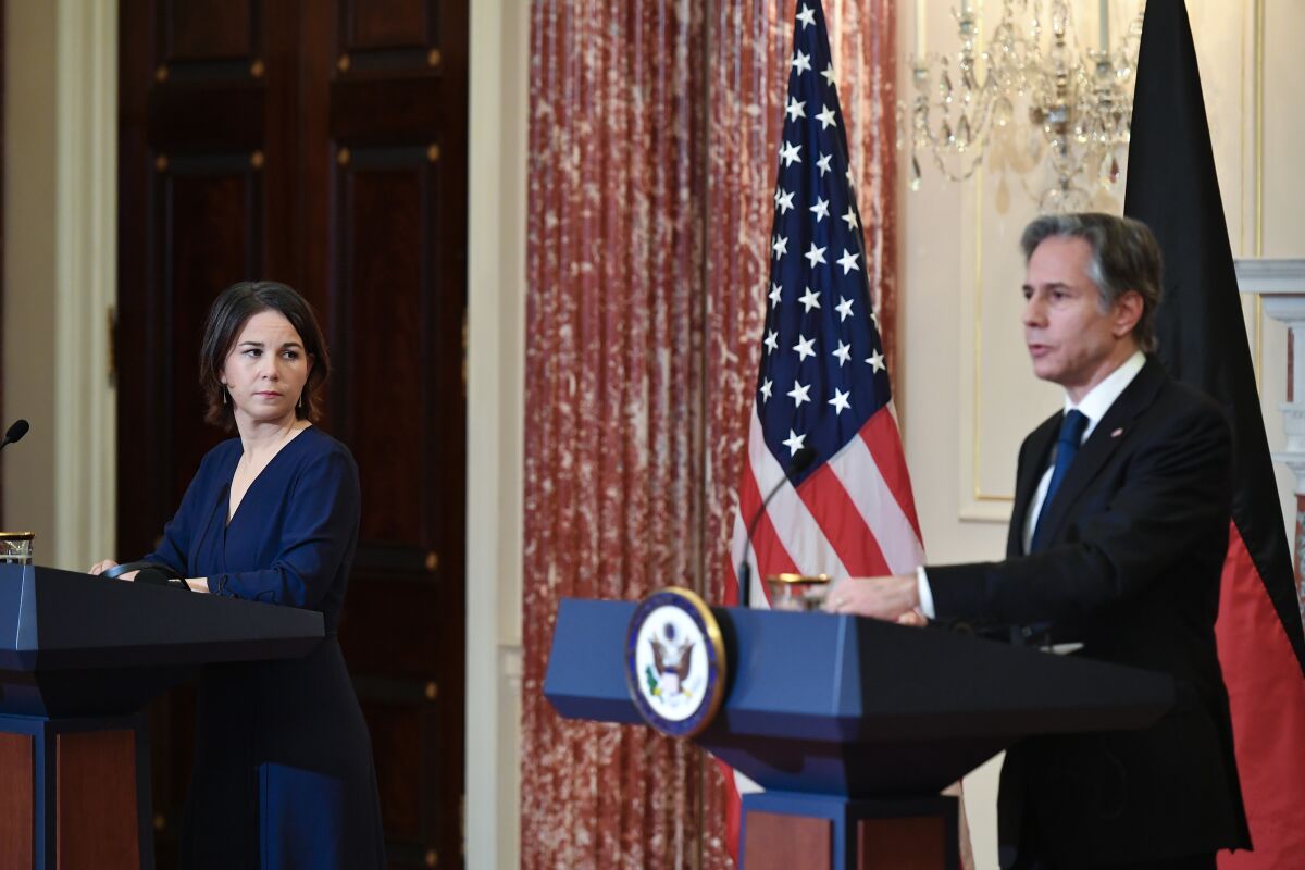 Secretary of State Antony Blinken speaks during a news conference with German Foreign Minister Annalena Baerbock at the State Department, Wednesday, Jan. 5, 2022, in Washington. (Mandel Ngan/Pool via AP)