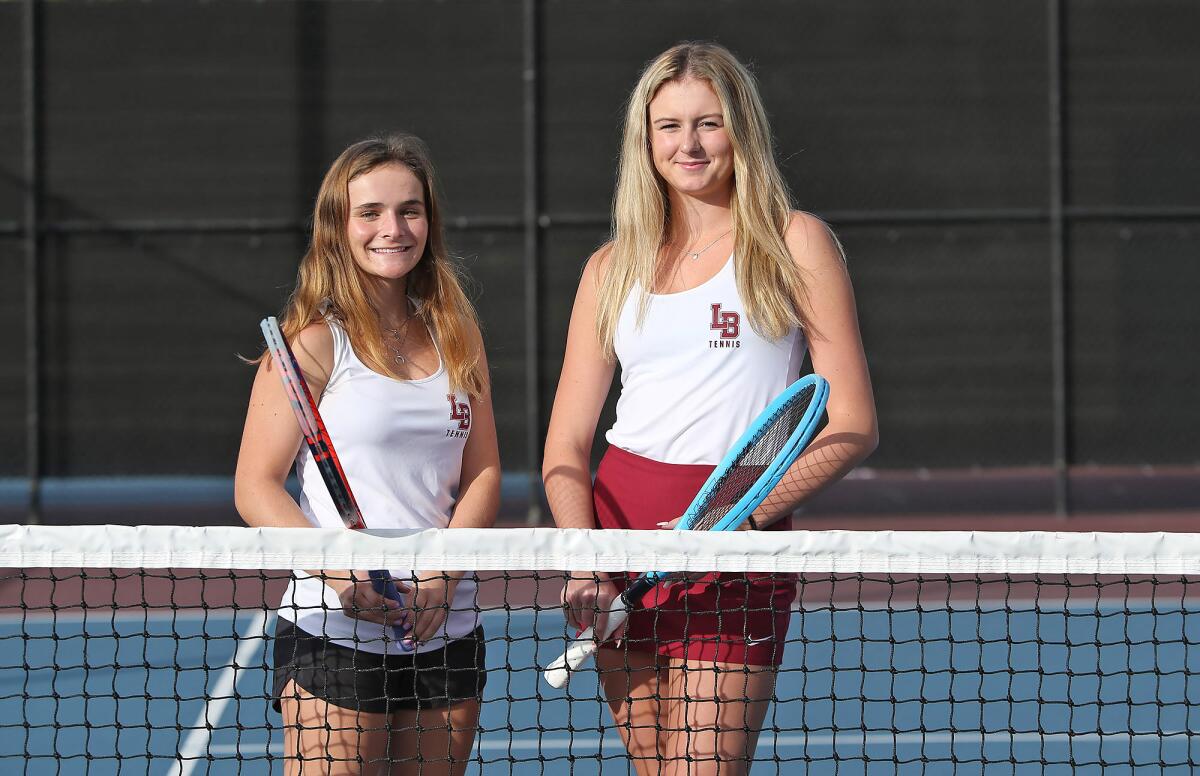 Laguna Beach's Sarah MacCallum, left, and Ella Pachl didn't drop a set en route to winning the CIF Southern Section Individuals doubles tournament.