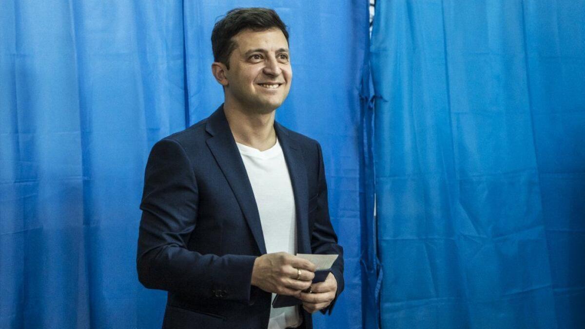 Ukrainian presidential candidate Volodymyr Zelensky casts his ballot April 21, 2019, in Kiev.