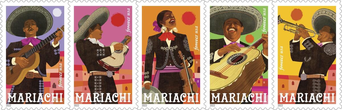 This image provided by the U.S. Postal Service shows a special series of mariachi stamps designed by artist Rafael Lopez. 