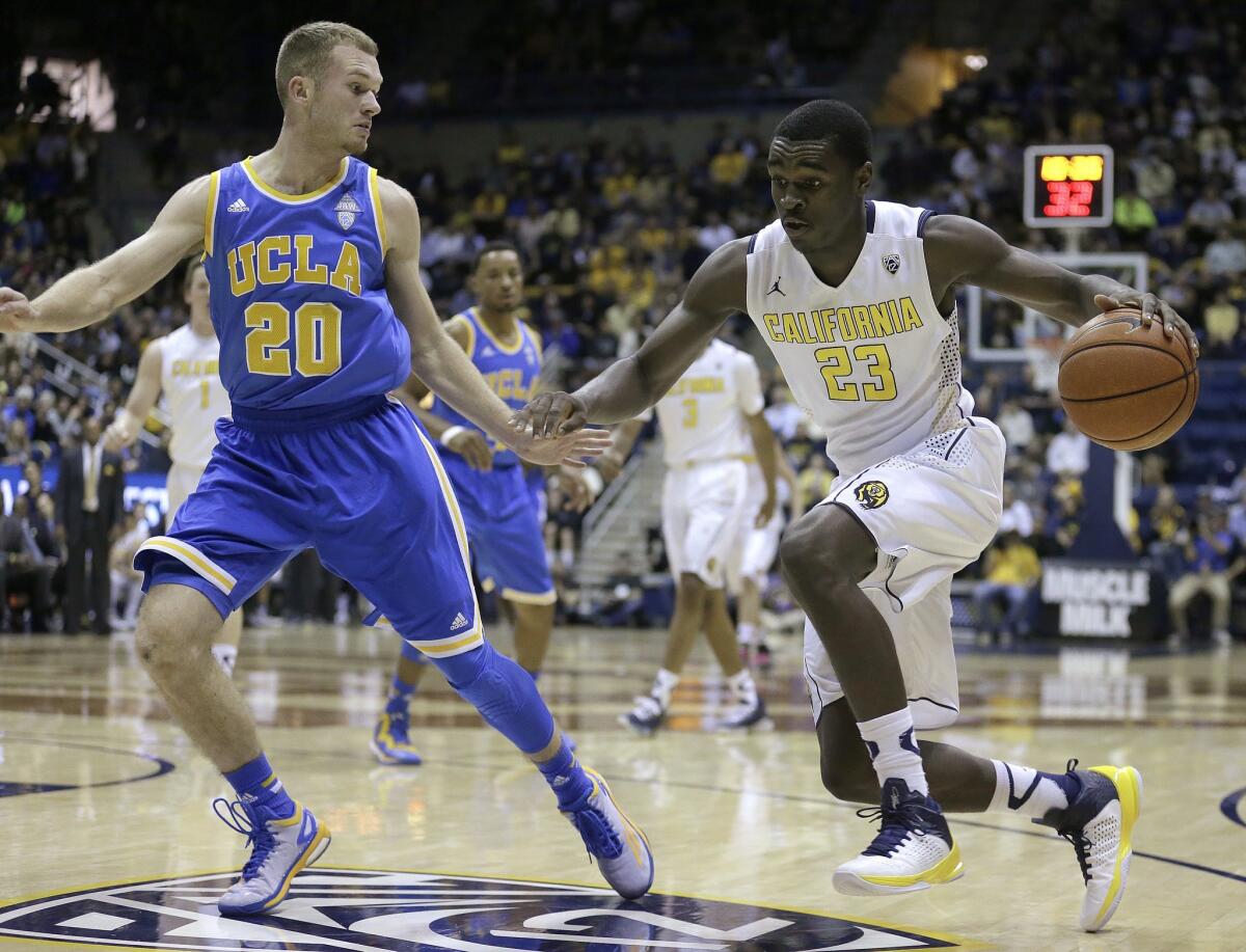 California's Jabari Bird, right, drives the ball against UCLA's Bryce Alford during the Golden Bears' 64-62 victory Saturday in Berkley.
