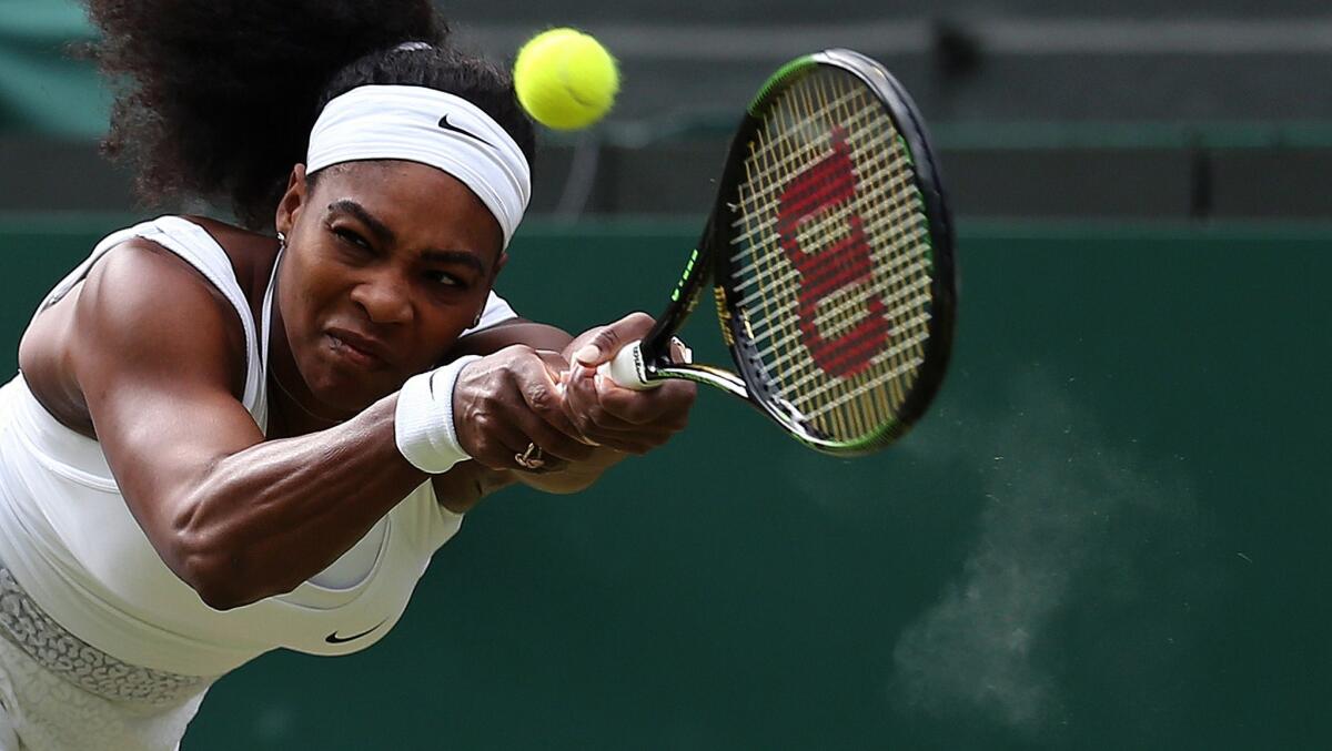 Serena Williams returns to Victoria Azarenka of Belarus during her quarterfinal victory Tuesday at Wimbledon, 3-6, 6-2, 6-3.