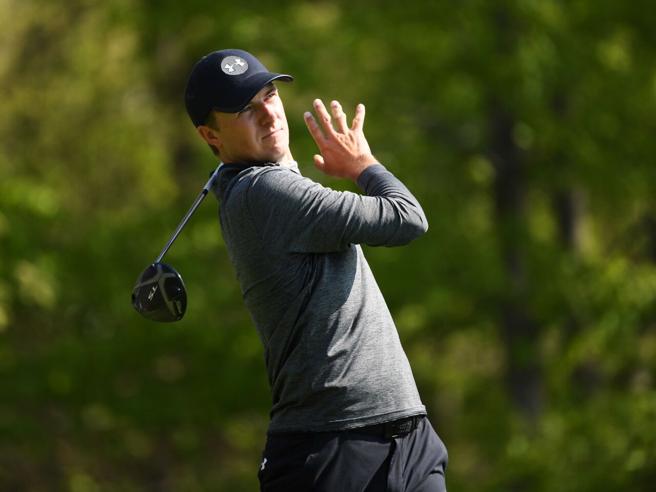 Jordan Spieth plays his shot from the 16th tee during the second round of the 2019 PGA Championship at the Bethpage Black course in Farmingdale, New York.