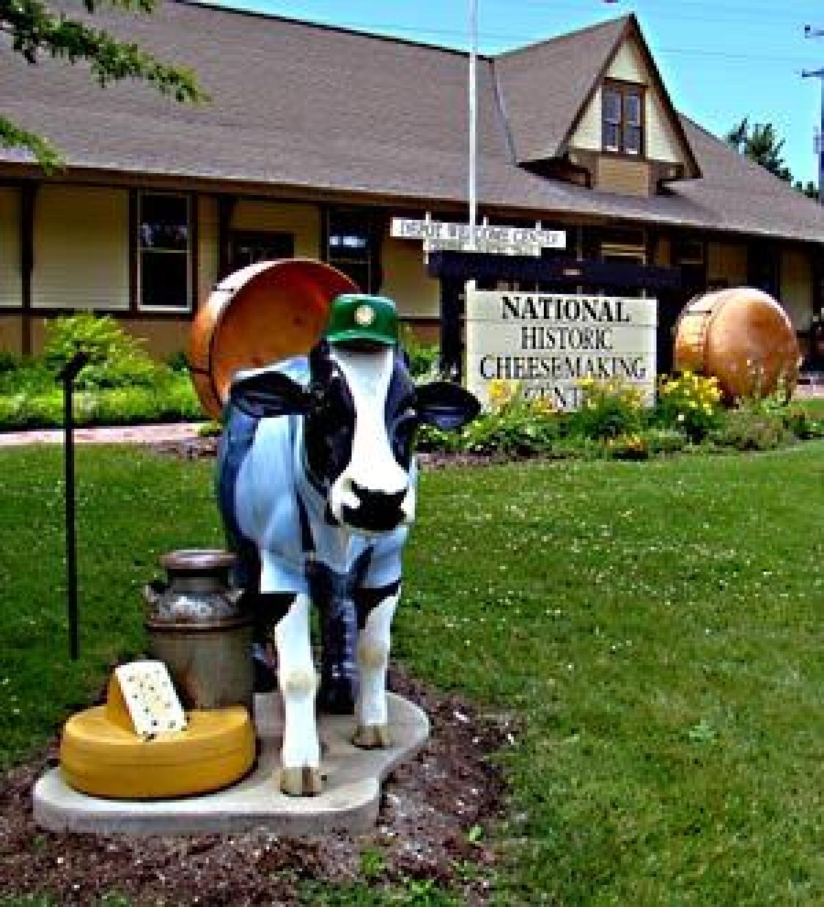 A MOOVING EXPERIENCE: A cow replica welcomes visitors to the National Historic Cheesemaking Center in Monroe, Wis.