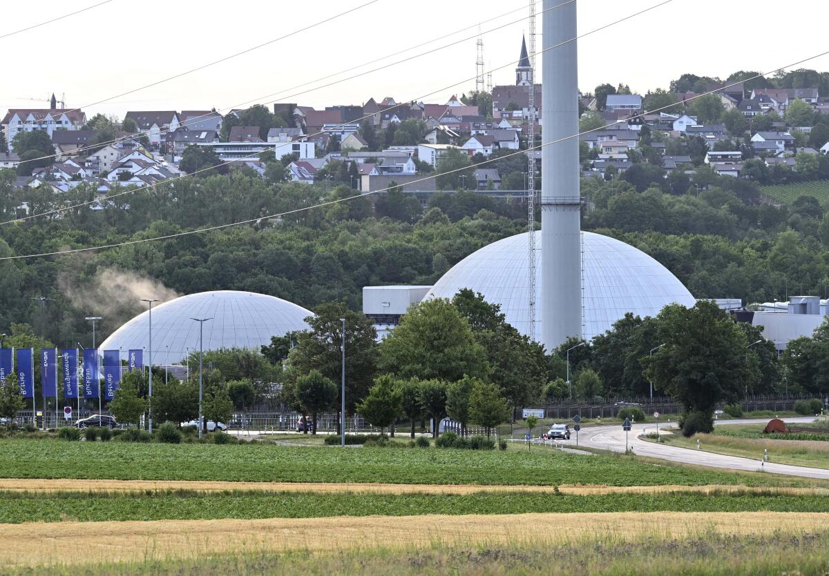 File - A view of the Neckarwestheim nuclear power plant on June 27, 2022. The Germany government plans to publish the results Monday, Sept. 5, 2022 of highly anticipated study into how the country's energy sector will cope with possible shortages in the coming months. (Bernd Weissbrod/dpa via AP, File)
