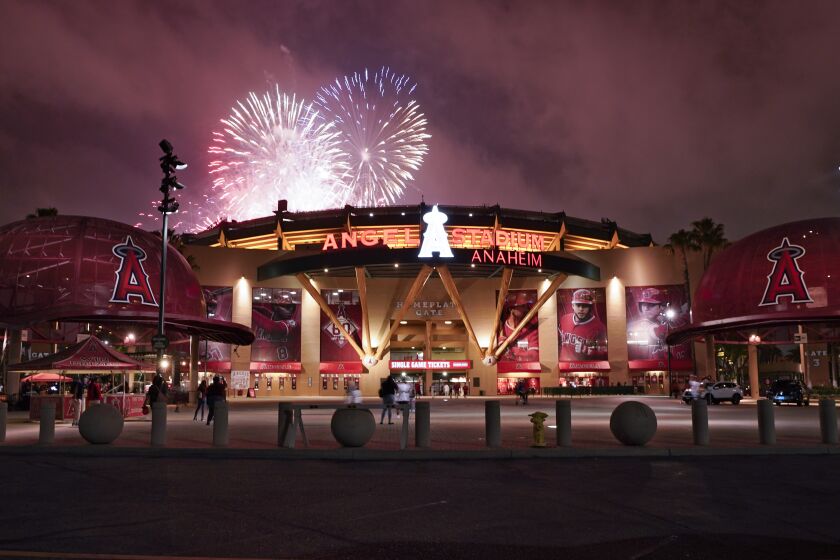 Fireworks are seen over Angel Stadium after a baseball game between the Los Angeles Angels.