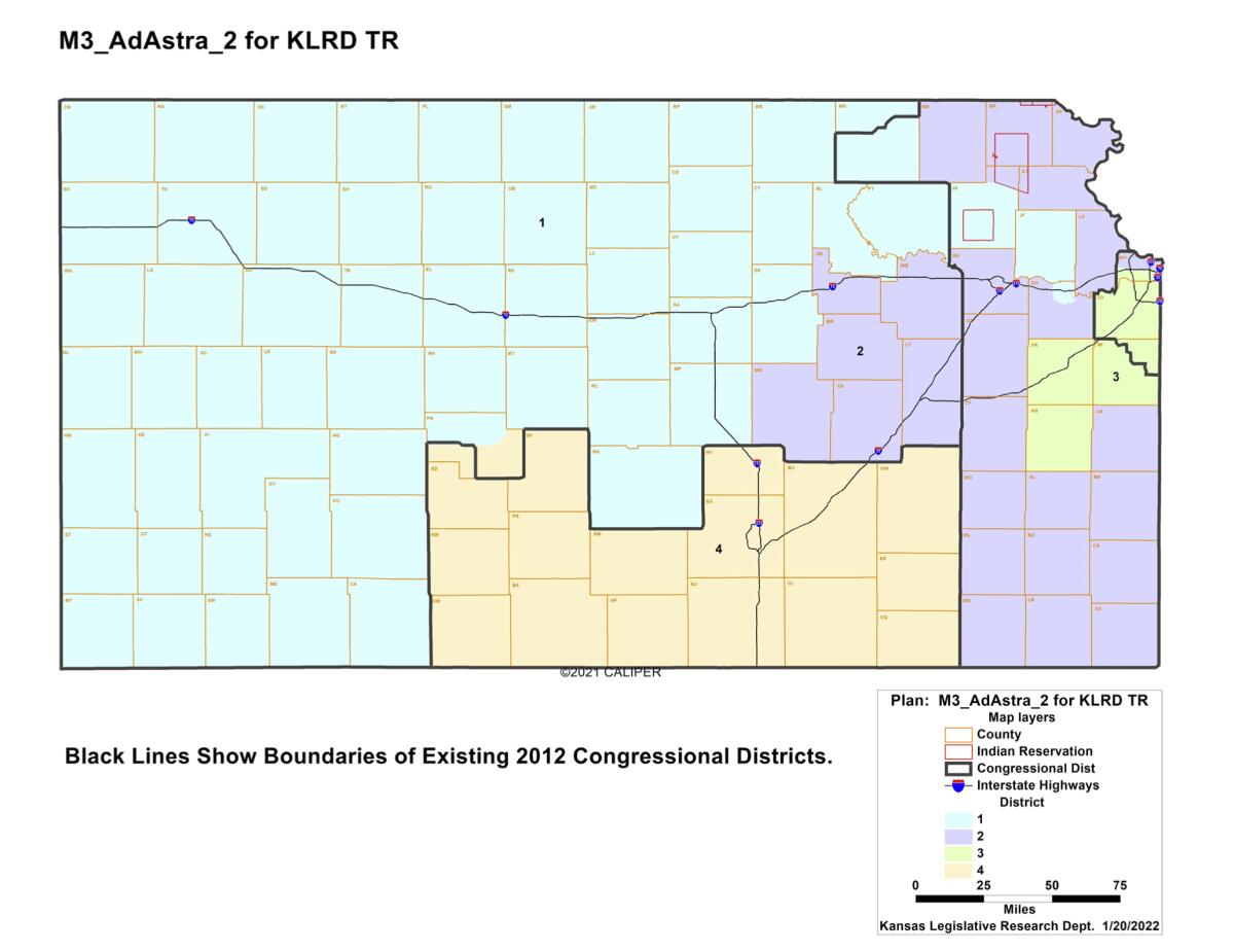 This image shows the "Ad Astra 2" congressional redistricting plan for Kansas drafted by the Kansas Legislative Research Department for Republican leaders in the GOP-controlled Legislature, Tuesday, Jan. 25, 2022, at the Statehouse in Topeka, Kan. The blue represents the new 1st Congressional District, and it takes in the city of Lawrence at its far eastern edge. (Kansas Legislative Research Department via AP)