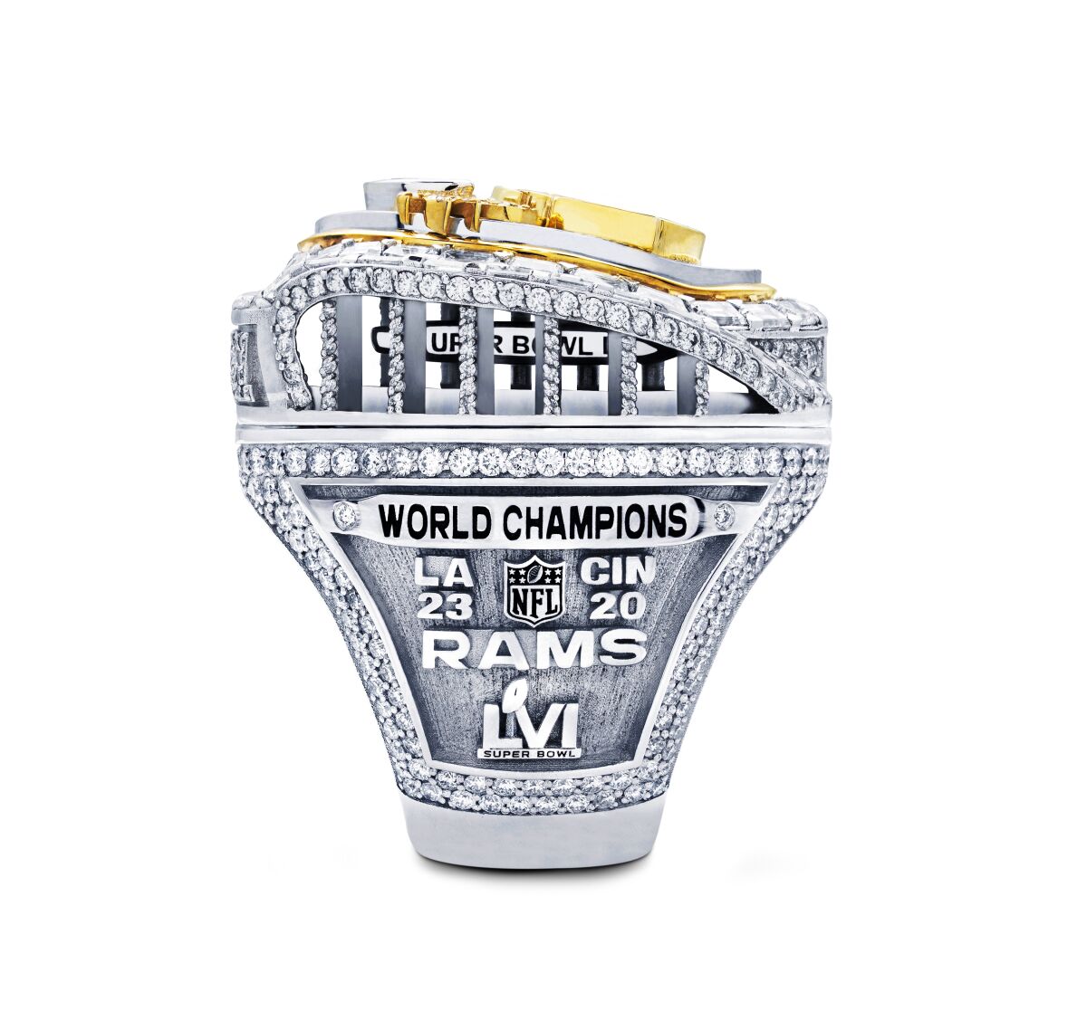 A side of the Rams' Super LVI rings showing the score of the game.