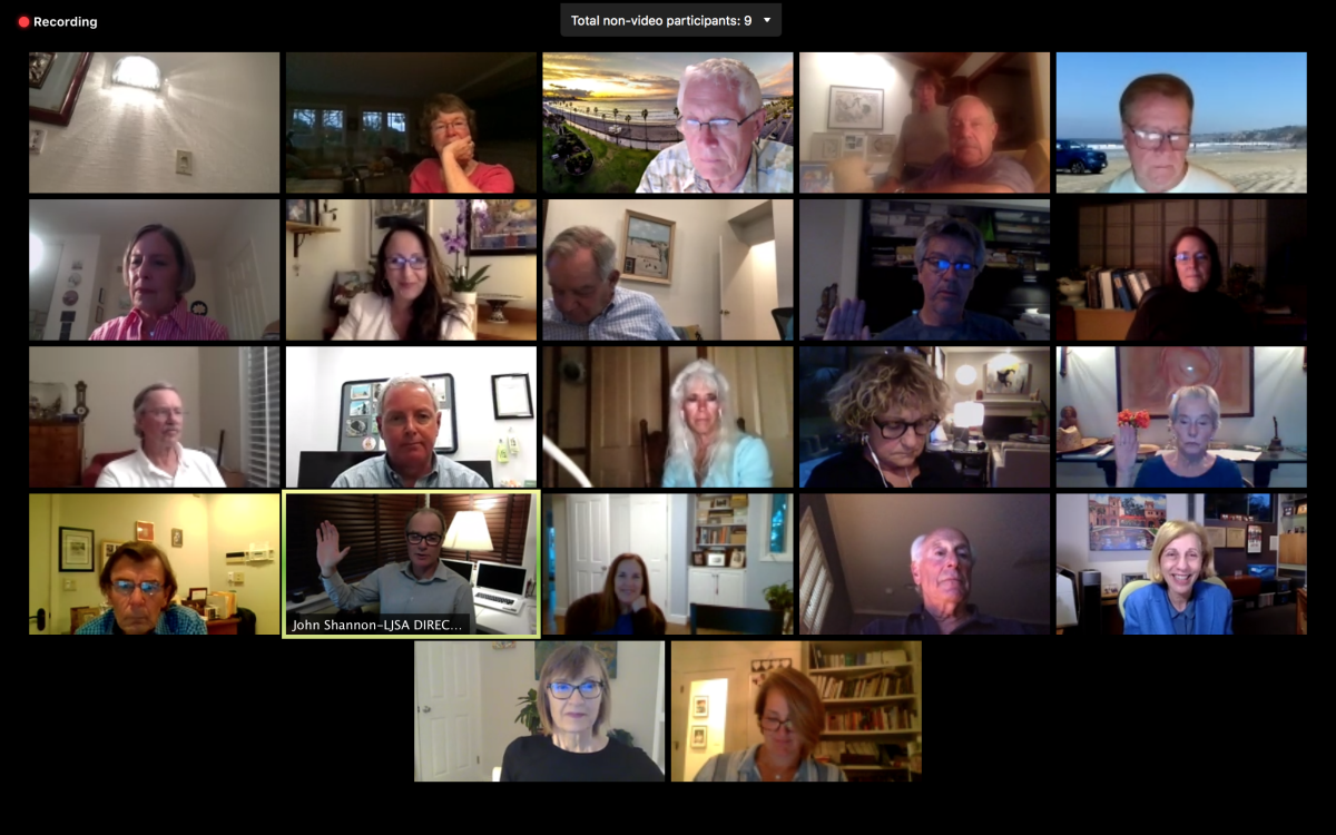 San Diego City Council member Barbara Bry (fourth row at right) swears in new board members of the La Jolla Shores Association during its online meeting May 13.