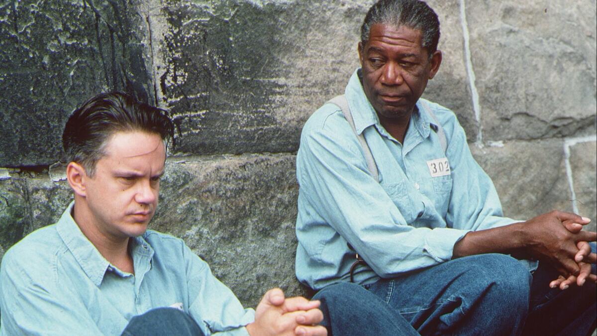 Andy (Tim Robbins), left, and Red (Morgan Freeman) are inmates in "The Shawshank Redemption."
