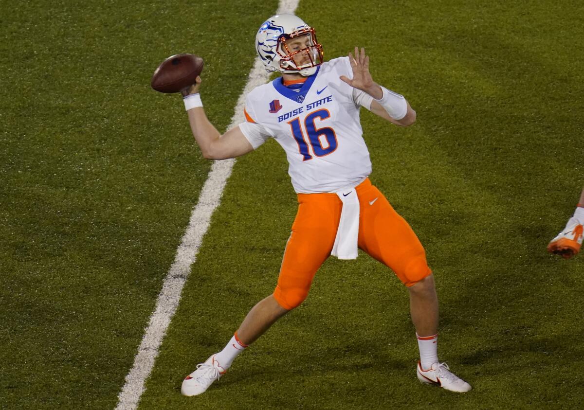 Boise State quarterback Jack Sears throws a pass against Air Force on Oct. 31, 2020.