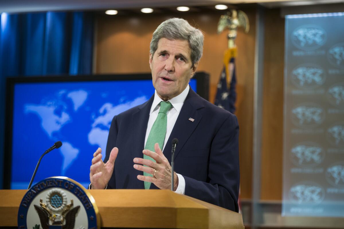 Secretary of State John F. Kerry speaks at the State Department in Washington.
