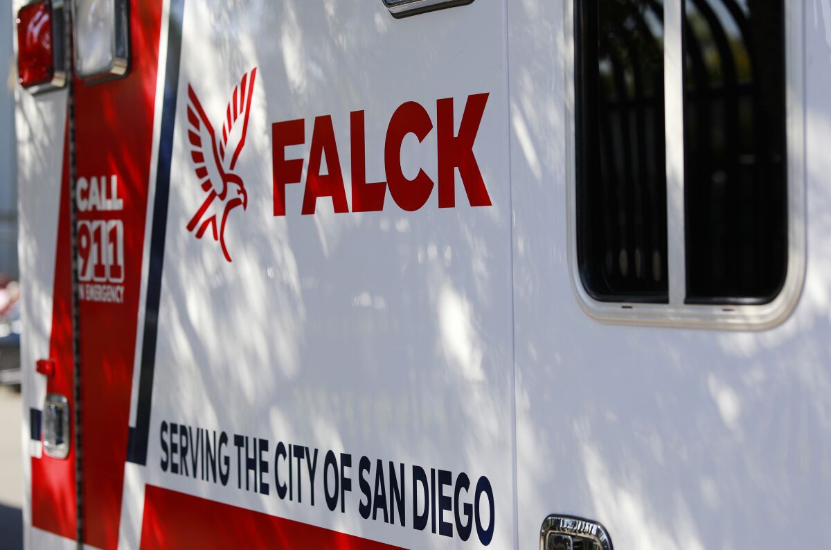 The side of one of the new Falck ambulances parked in the Kearney Mesa facility
