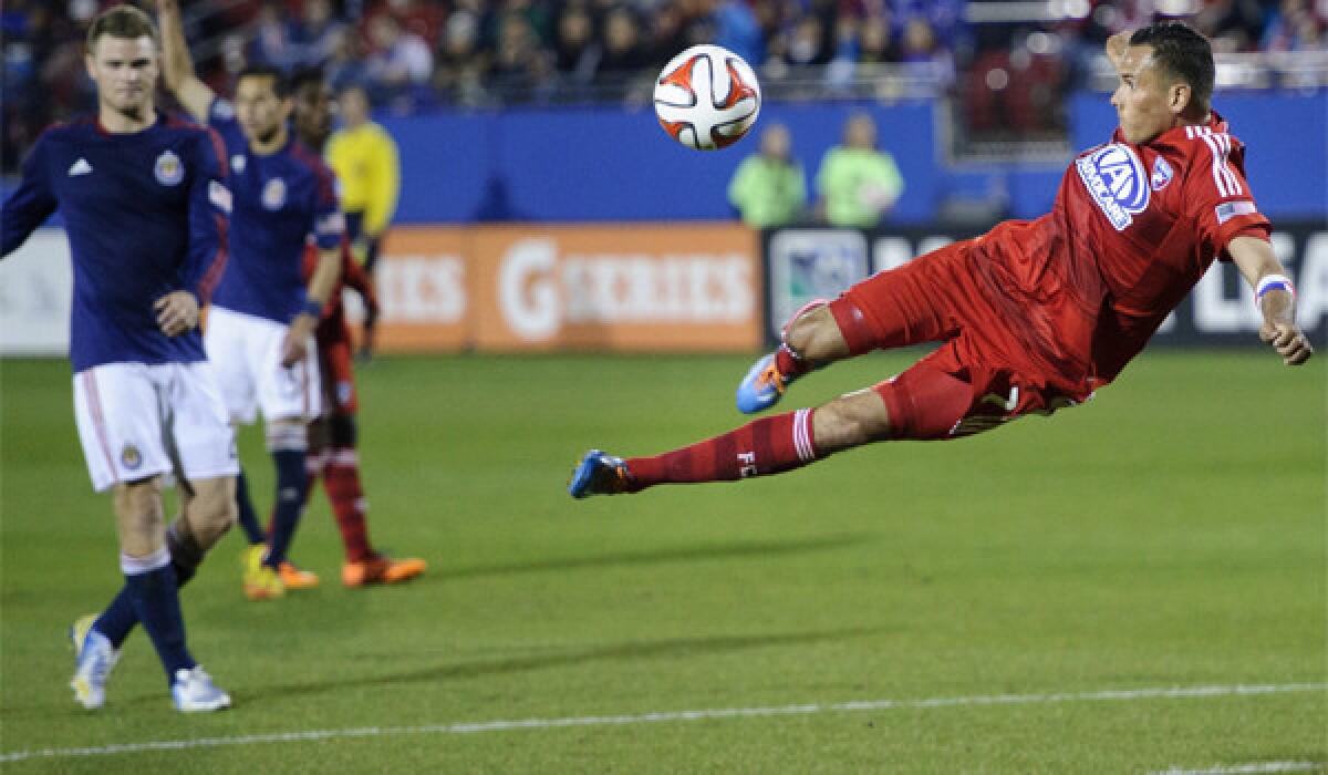 FC Dallas's Blas Perez looks to take a shot on goal against Chivas USA in Frisco, Texas, on Saturday.