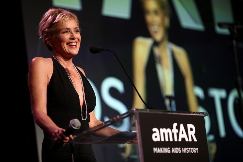 Sharon Stone speaks at amfAR LA Inspiration Gala honoring Tom Ford at Milk Studios. She will star in and executive produce TNT's "Agent X."