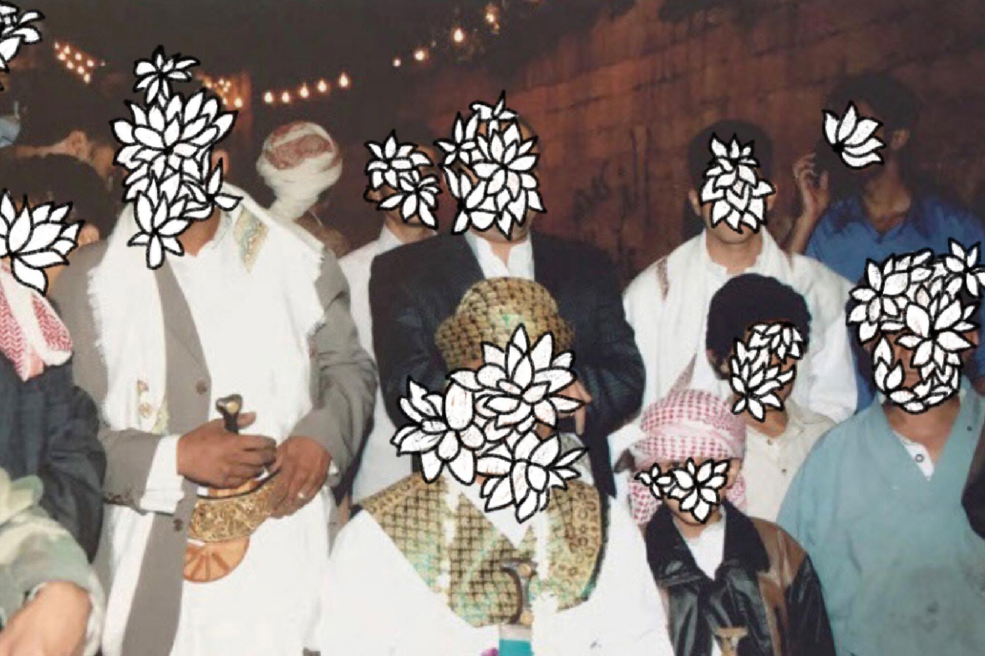 photo collage of a family group photo with illustrations of white flowers covering their faces