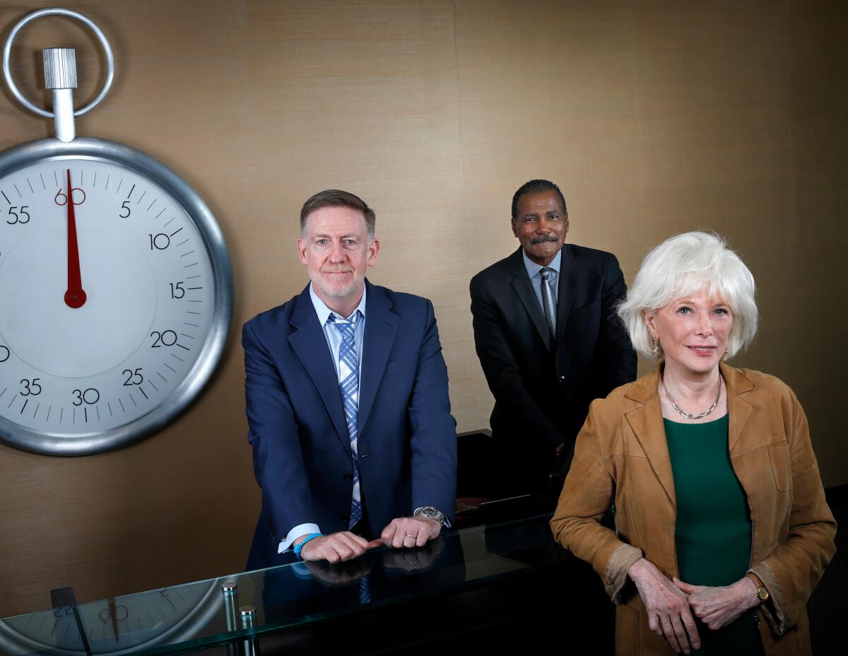 "60 Minutes" executive producer Bill Owens with correspondents Bill Whitaker and Lesley Stahl at the program's offices in New York.