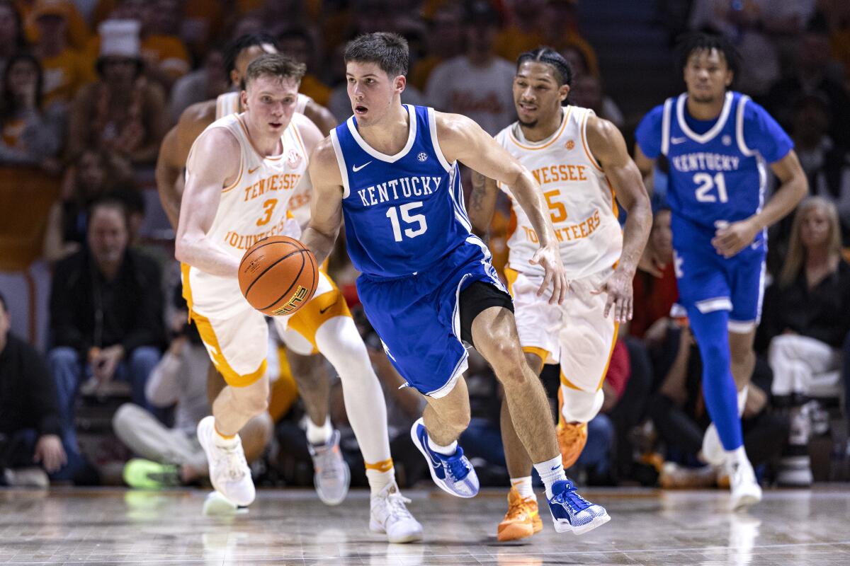 Kentucky guard Reed Sheppard dribbles up the court against Tennessee.