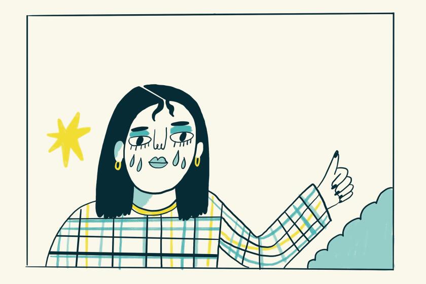 Illustration of a person crying and signaling a thumbs up.