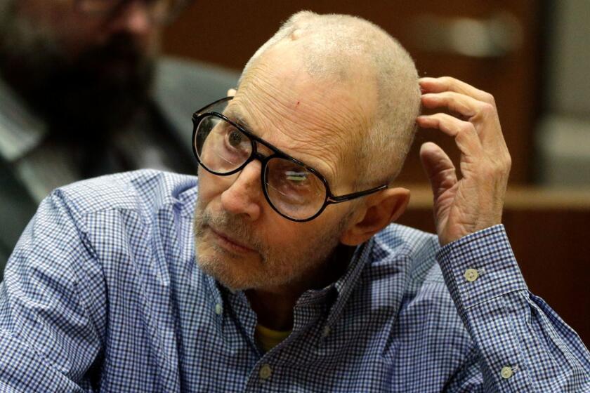New York real estate scion Robert Durst appears in the Airport Branch courthouse in Los Angeles for a hearing Wednesday. Durst is accused in the December 2000 fatal shooting of his friend, Susan Berman, in her Benedict Canyon home. He has pleaded not guilty.