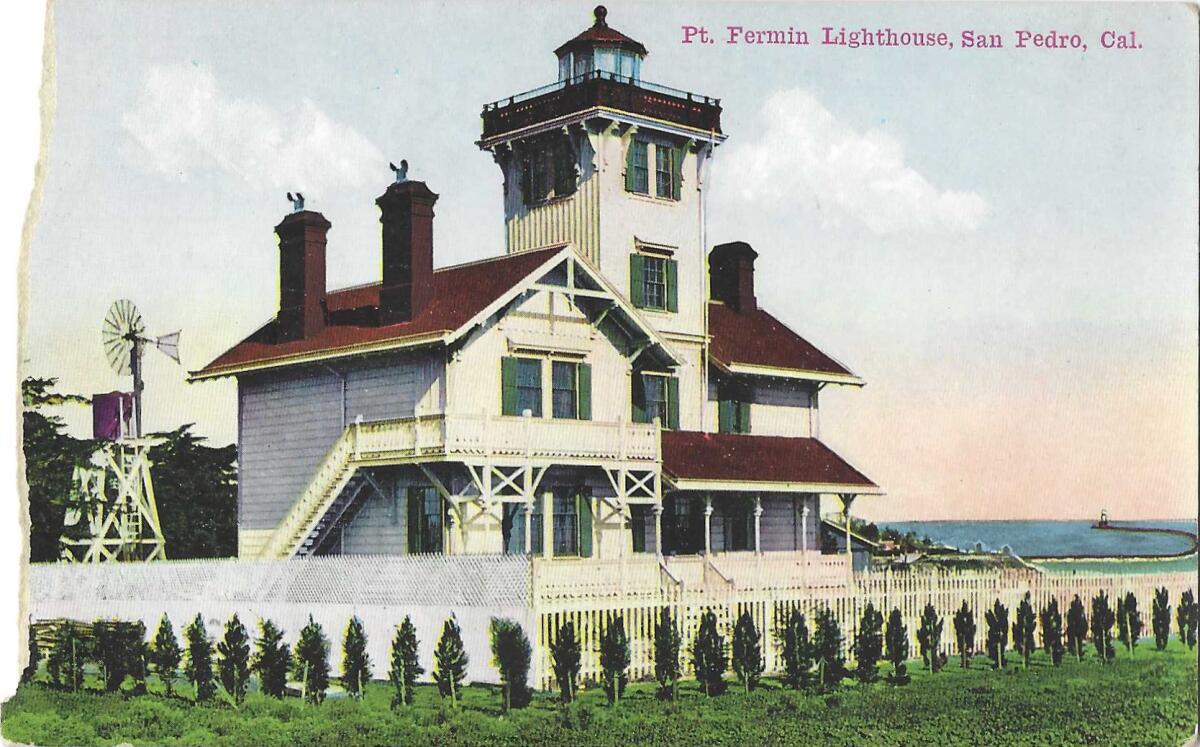 The Point Fermin lighthouse is seen on a vintage postcard