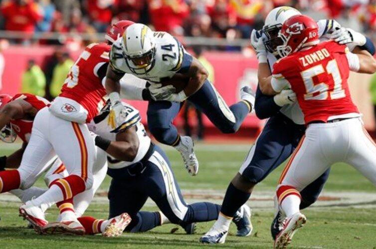 San Diego Chargers running back Ryan Mathews (24) dives for a first down during the first half of an NFL football game at Arrowhead Stadium.