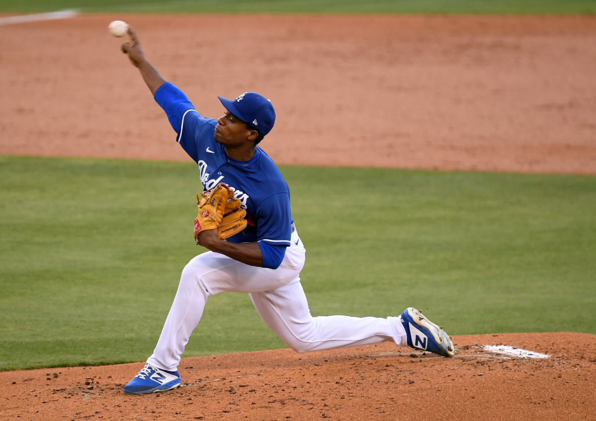 Dodgers prospect Josiah Gray pitches against the Angels during a preseason game July 21 at Dodger Stadium.
