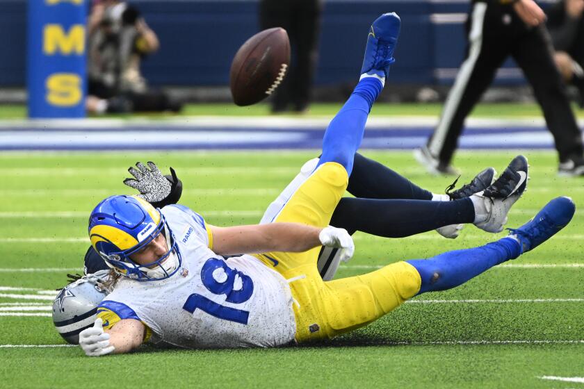 Inglewood, California October 9, 2022-Rams receiver Ben Skowronek can't make the catch.