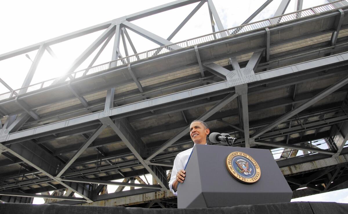 President Obama speaks in 2011 at the Brent Spence Bridge in Ohio. The 50-year-old structure is desperately in need of a $2.6-billion repair, yet neither the Kentucky nor Ohio legislatures have figured out how to come up with the money.