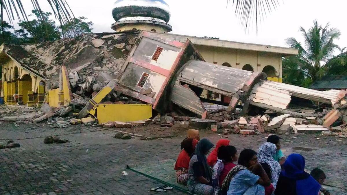 A minaret in the town of Pidie is reduced to rubble after a 6.4 earthquake in Indonesia's Aceh province in northern Sumatra.