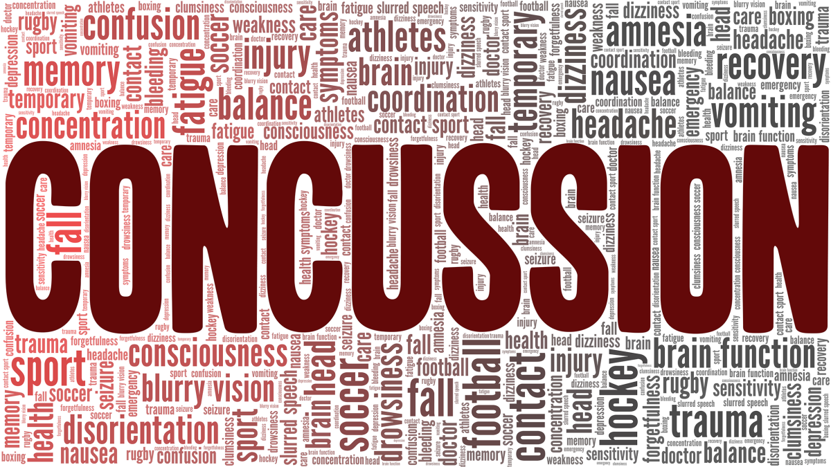 Concussion vector illustration word cloud isolated on a white background. Red font with related terms.