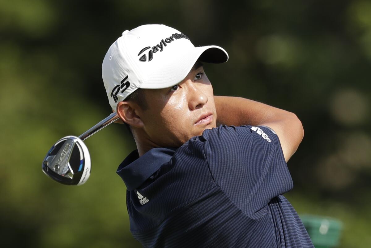 Collin Morikawa hits his drive on No. 18 during the second round of the Workday Charity Open on July 10, 2020.